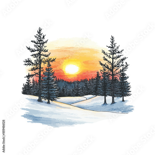 winter sunset scene drawn vector illustration