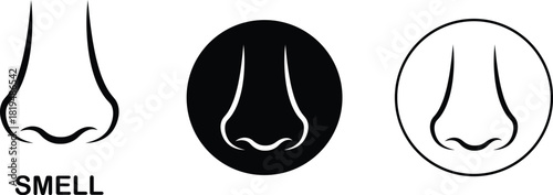 Smell nose icon set collection group in flat black line style, scent aroma odor sniff symbol pack, human sense olfactory element bundle, simple minimal outline illustration graphics vector
