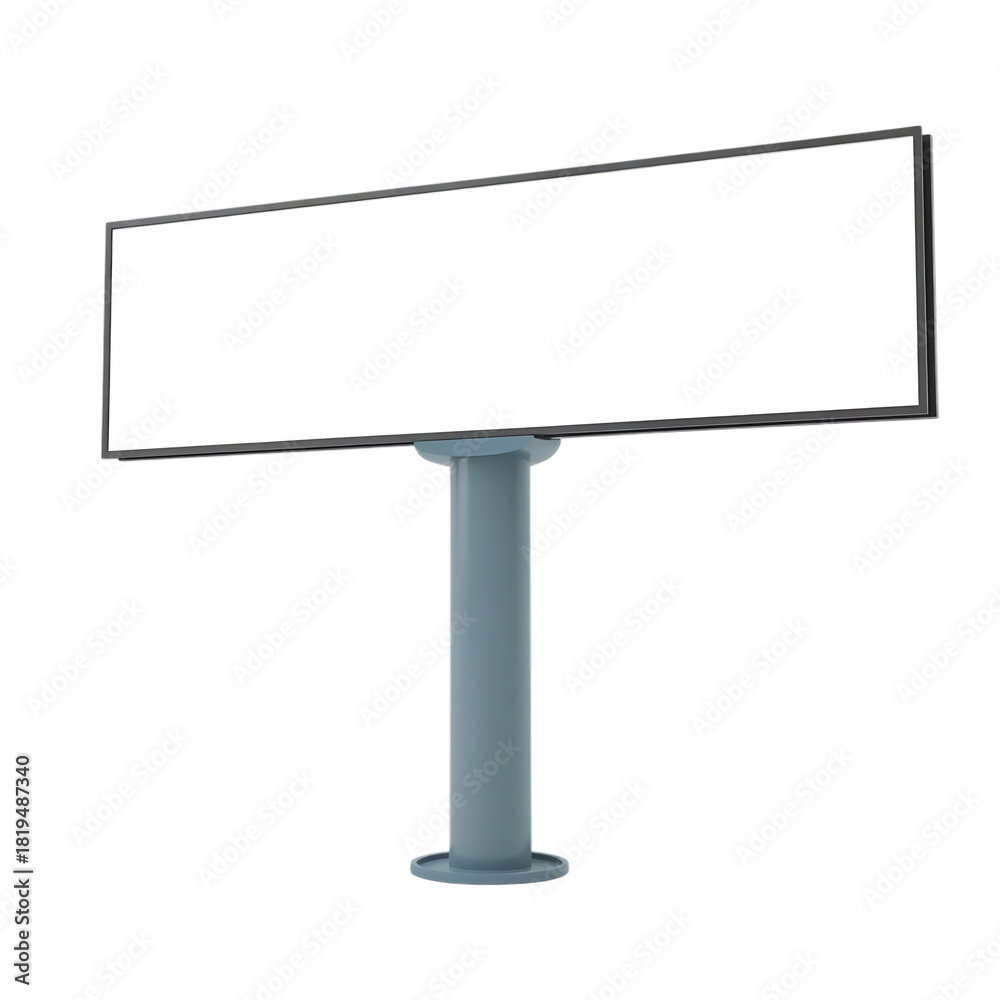 Fototapeta premium A blank white billboard on a single grey pole stands isolated on transparent background