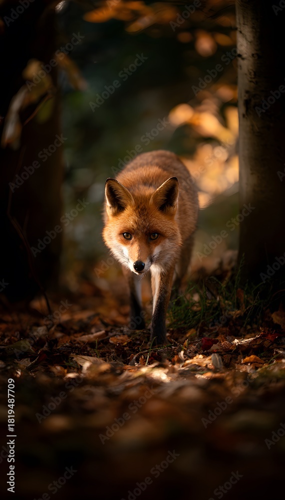 Fototapeta premium Autumn fox wanders serenely through sunlit forest leaves a peaceful wildlife portrait of gentle beauty