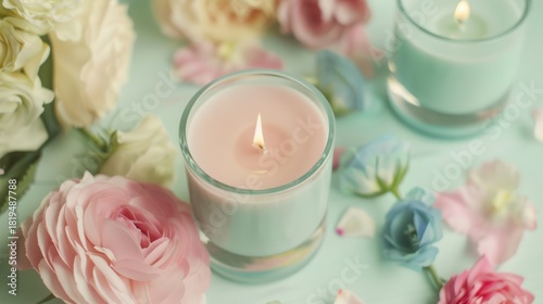 Soothing Mint Green Candle with Pink and Blue Flowers and Petals on Light Surface