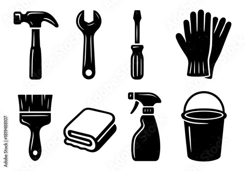 Silhouette home repair tools and cleaning supplies icons set