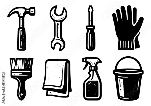 Hand drawn tool icons set: hammer, wrench, gloves, and more for diy projects
