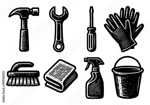Vintage tools and cleaning equipment in monochrome style