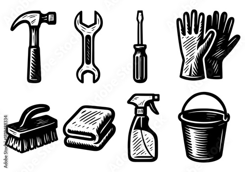 Hand drawn tools and cleaning items set in vintage black and white style