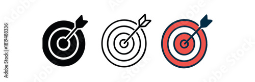 goal icons three bullseye icons with arrow different rings one flat solid monochrome one thin black outline black and white one full color flat icon red and blue