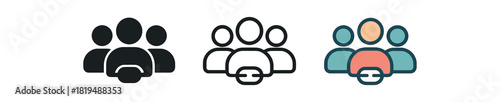 collaboration icons three group of three people silhouettes with tiny line one flat solid monochrome one thin black outline black and white one full color flat icon friendly palette