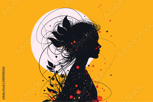 Elegant silhouette of a woman blended with floral elements and dynamic abstract lines, symbolizing creativity, beauty, freedom, and feminine energy in an expressive artistic style.