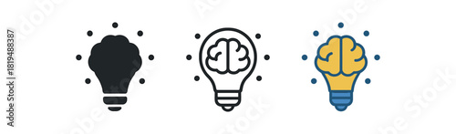 brainstorm icons three cloud or lightbulb icons with tiny dot cluster around one flat solid monochrome one thin black outline black and white one full color flat icon and blue