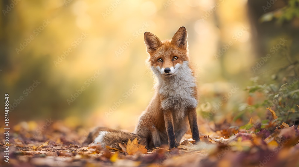 Naklejka premium Charming fox portrait autumn leaves glow golden hour wildlife photography serene forest scene natural beauty