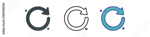 retrospective icons three circular arrow icons with three tiny dots around one flat solid monochrome one thin black outline black and white one full color flat icon purple and teal