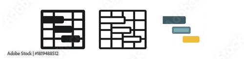 gantt chart icons three bar chart timelines with staggered bars one flat solid monochrome one thin black outline black and white one full color flat icon project palette