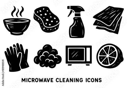 Microwave cleaning tools: icons featuring gloves, spray bottle, and sponge in black silhouette style