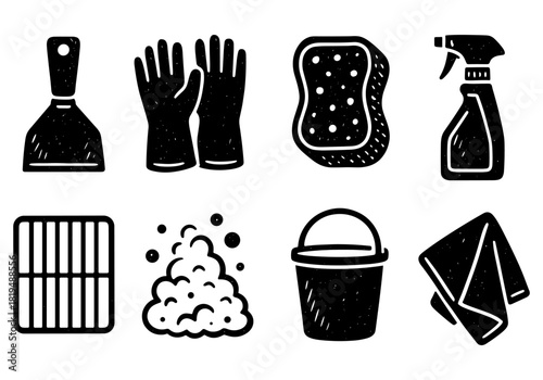 Vintage cleaning tools icons: sponge, spray bottle, gloves, and more