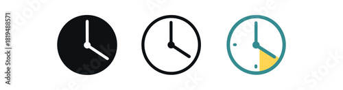 time estimate icons three clock icons with pie segment showing estimated time one flat solid monochrome one thin black outline black and white one full color flat icon teal and