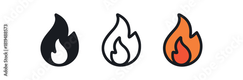 productivity flame icons three tiny flame icons energy level one flat solid monochrome one thin black outline black and white one full color flat icon orange and red
