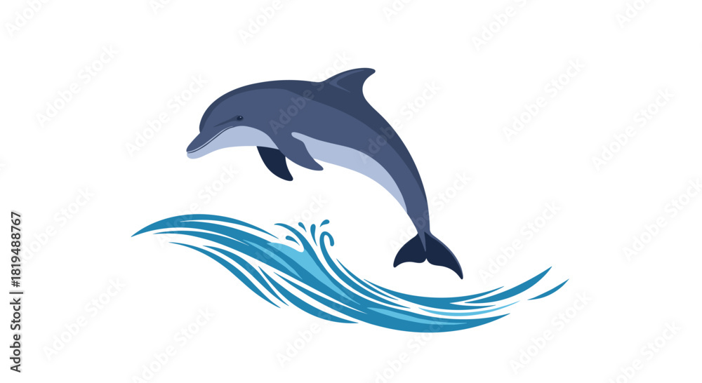 Obraz premium A lively blue dolphin leaps playfully out of the ocean's surface, with stylized waves capturing the essence of marine wildlife in action.