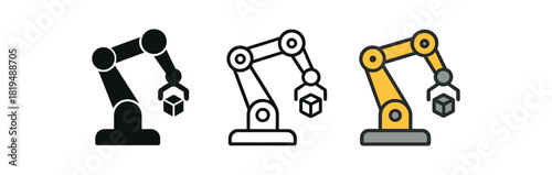 automation icons three robotic icons holding small cube one flat solid monochrome one thin black outline black and white one full color flat icon and gray
