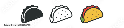 taco icons three taco shells with filling shapes one flat solid monochrome one thin black outline black and white one full color flat icon green and red