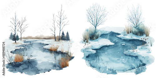 frozen pond watercolor vector illustration