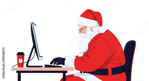 Santa Claus is using a computer to track Christmas present deliveries online, working at his desk with coffee and typing away.