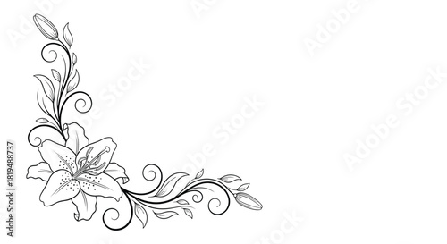 A delicate corner design featuring a blooming lily with swirling vines and leaves, creating an elegant and decorative floral embellishment.