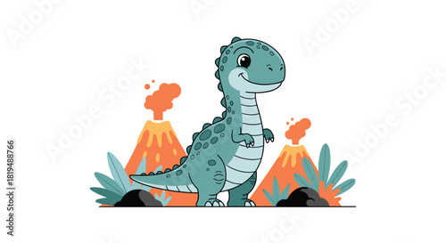 Cute cartoon dinosaur standing proudly in front of volcanoes spewing lava, surrounded by prehistoric plants and rocks in a colorful scene.
