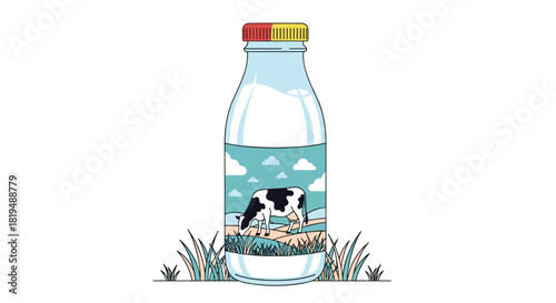 Milk bottle illustration featuring a cow grazing in a meadow, symbolizing freshness and farm-to-table quality.