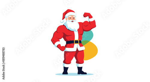 A cartoon illustration of a muscular Santa Claus flexing his bicep in a red suit and hat, set against a white background.
