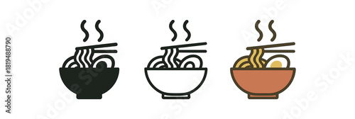 ramen bowl icons three bowls with noodles egg slice and steam lines one flat solid monochrome one thin black outline black and white one full color flat icon warm noodle colors