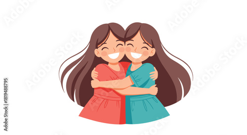 A heartwarming illustration shows two adorable cartoon twins hugging tightly, radiating friendship, love, and joy on a white background.