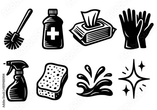 House cleaning essentials in vintage black and white style for hygiene and sanitization