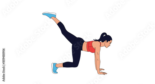Cartoon woman on hands and knees with right leg raised in exercise, demonstrating a glute exercise or donkey kick, on a white background.