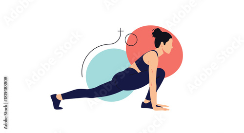 Woman in sportswear doing a low lunge, a yoga pose for flexibility and strength, with abstract circular shapes in the background.