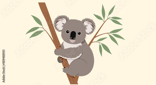 A cute cartoon koala clings to a tree branch amidst eucalyptus leaves in a cheerful illustration, perfect for children's projects.