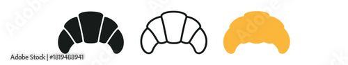 croissant icons three croissant silhouettes with curved layers one flat solid monochrome one thin black outline black and white one full color flat icon warm golden