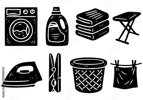 Hand drawn home laundry essentials: icons of everyday household items for graphic design