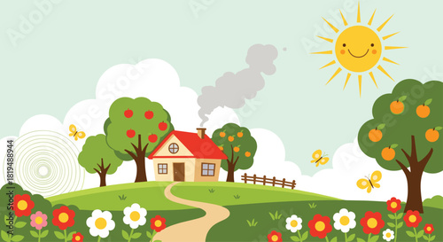 A cozy house amidst apple and orange trees, set against a whimsical landscape with butterflies and a smiling sun illustration.