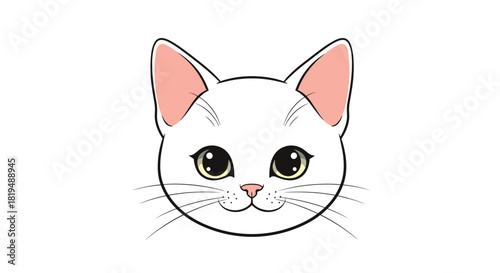 A charming cartoon illustration of a white cat's face with big, expressive eyes, pointy ears, and delicate whiskers against a white background.