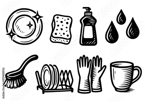 Hand drawn kitchen cleaning icons featuring soap, sponge, brush, and gloves