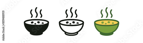 soup bowl icons three bowls with steam lines and veggie chunks one flat solid monochrome one thin black outline black and white one full color flat icon or green