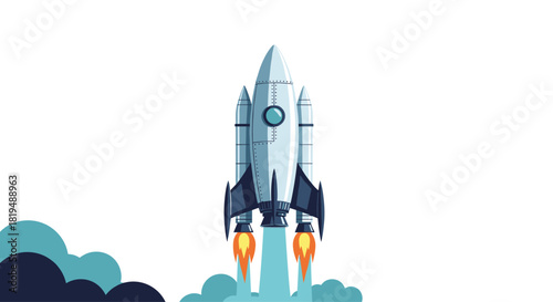 Illustration of a rocket launching, leaving a trail of smoke and flames, against a white background, depicting concepts of business and technology.