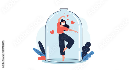 Isolated happiness: A woman in a protective dome dances amidst floating hearts, symbolizing resilience and love during challenging times.