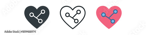 ai healthcare icons three heart icons with small node network overlay one flat solid monochrome one thin black outline black and white one full color flat icon pink and blue