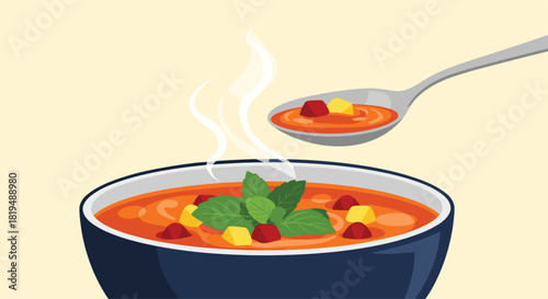A bowl of steaming tomato soup with basil and vegetables, and a spoonful being lifted, served on a light yellow background.