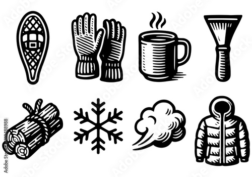 Winter essentials icons featuring snowshoe, gloves, hot beverage, and more in black and white style