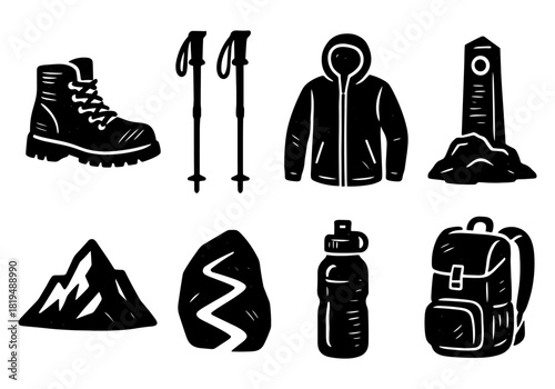 Outdoor adventure essentials: hiking gear and equipment icons in black and white