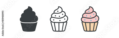 cupcake icons three cupcakes with swirl frosting and sprinkle dots one flat solid monochrome one thin black outline black and white one full color flat icon pastel icing
