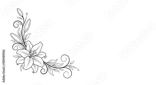 Elegant monochrome floral arrangement with a large lily and foliage, a corner design featuring delicate swirls and leaves, suitable for invitations.