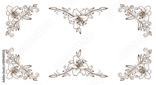 Elegant floral frame design with lily flowers, leaves, and decorative swirls, perfect for invitations, stationery, and wedding designs.